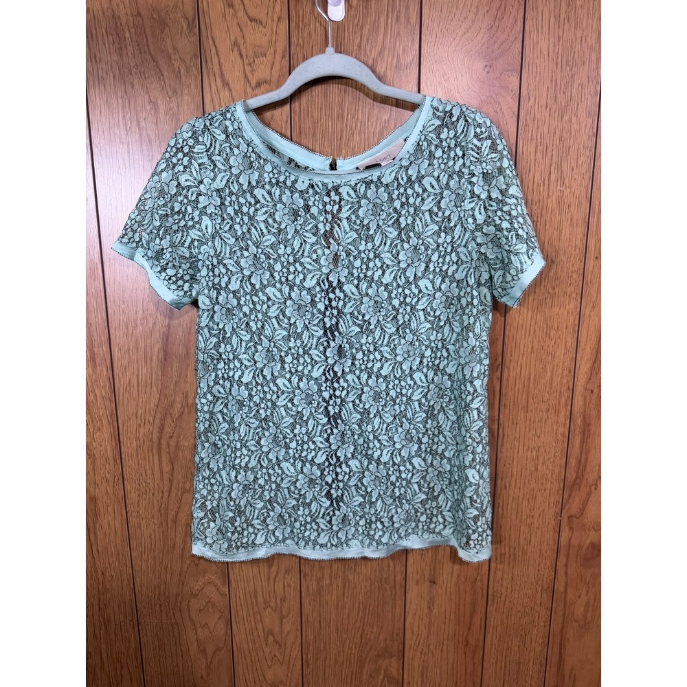 LOFT Mint Green Floral Lace Short Sleeve Top Back Zipper Ribbon Pull XS